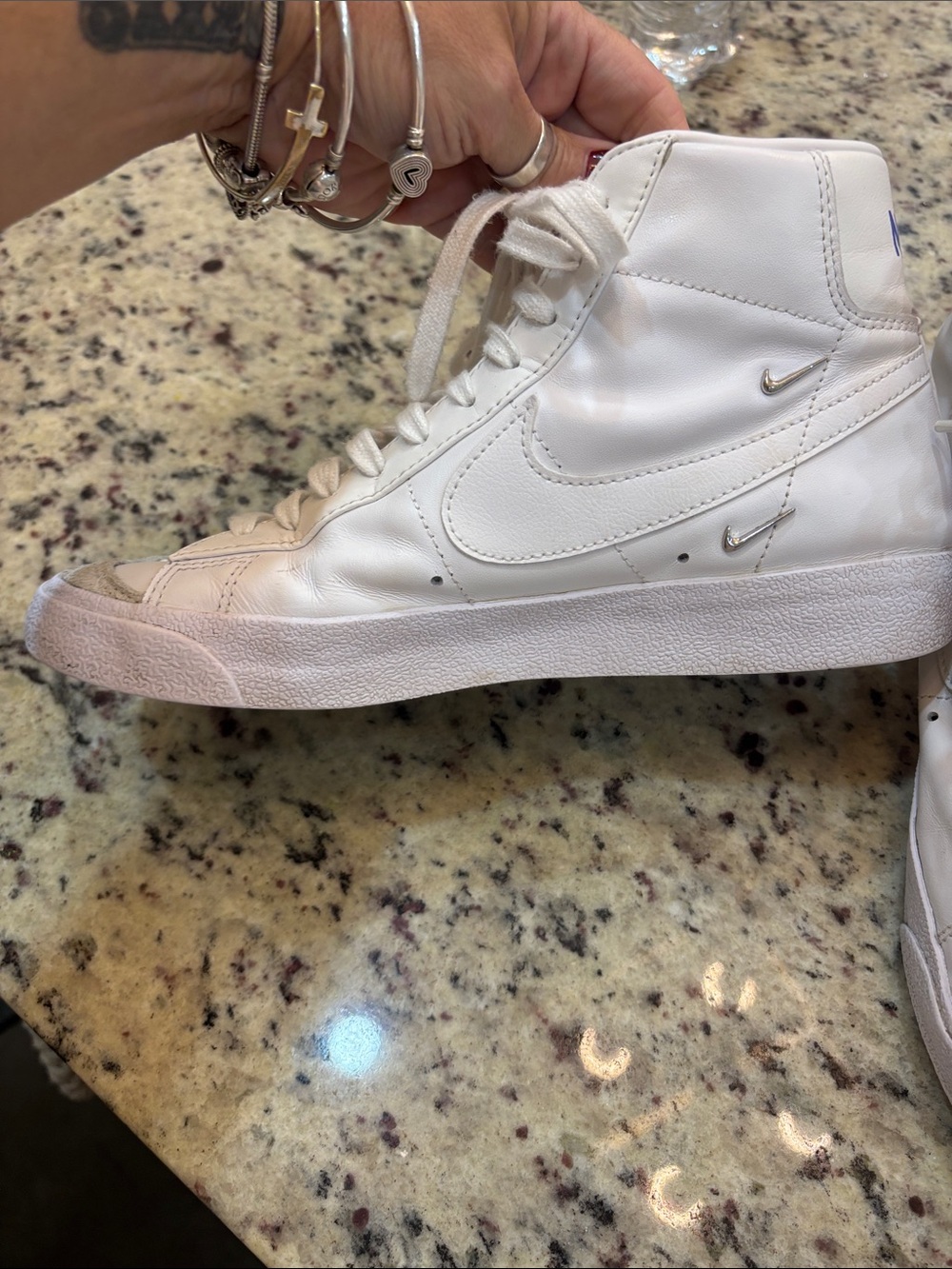 Nike White High-Top Sneakers with Gray Suede Toe and Yellow Tongue Tab - Picture 3 of 6